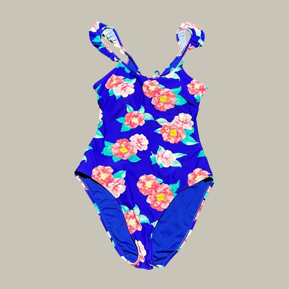 GB Blue Floral One‎ Piece Swimsuit Ruffle Straps Lace Up Back Pink Flowers L